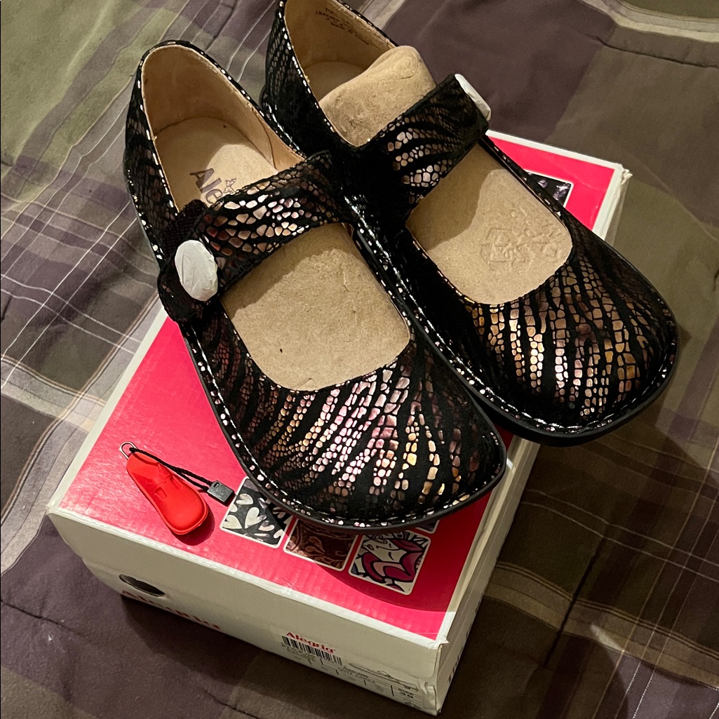 New Alegria Mary Jane Paloma Shoes Black/Metallic 39 Velcro Onyx Jungle Pal-543